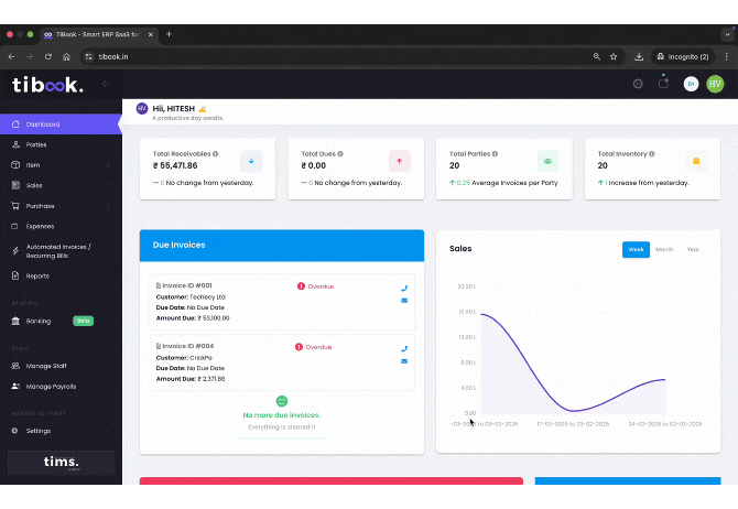 A screenshot of the TiBook platform's user interface displaying the 'Create Client' form. The form includes fields for client name, mobile number, email, GST number, PAN, and shipping information. A dropdown suggestion appears for an email input. In the bottom right corner, a 'Low Stock Alert' notification with a red banner highlights products that need restocking, listing product names, remaining stock, minimum stock levels, and prices.